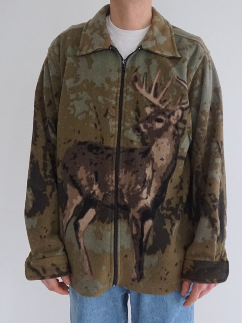 Mountain Ridge Green Camouflage Deer Graphic Fleece Jacket Zip Front Outdoor L